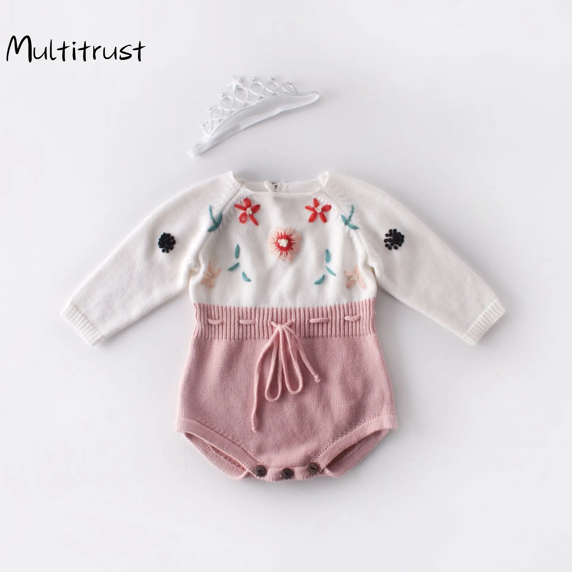 

Handmade flower long-sleeved knitted woolen One-piece autumn baby girls hand-embroidered sweater knitted wool jumpsuit romper