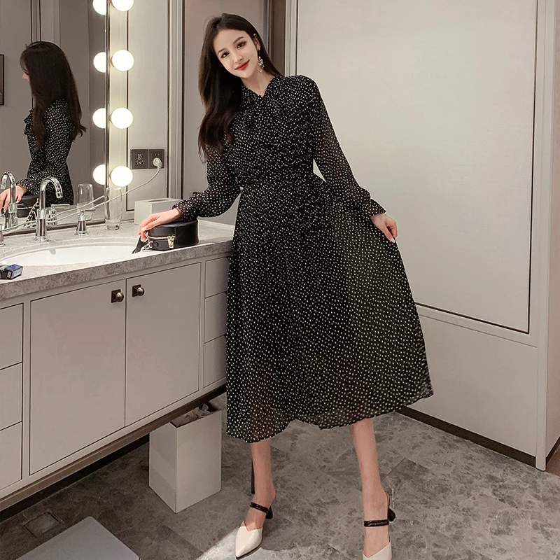 Женское шифоновое платье с длинным рукавом винтажное свободное плиссированное