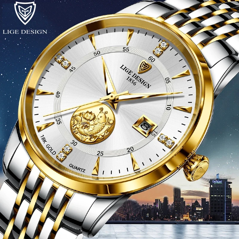 

LIGE Watch Men Top Brand Luxury Stainless Steel Waterproof Quartz Wristwatches For Men Fashion Design Goldfish Watch Relogio+Box