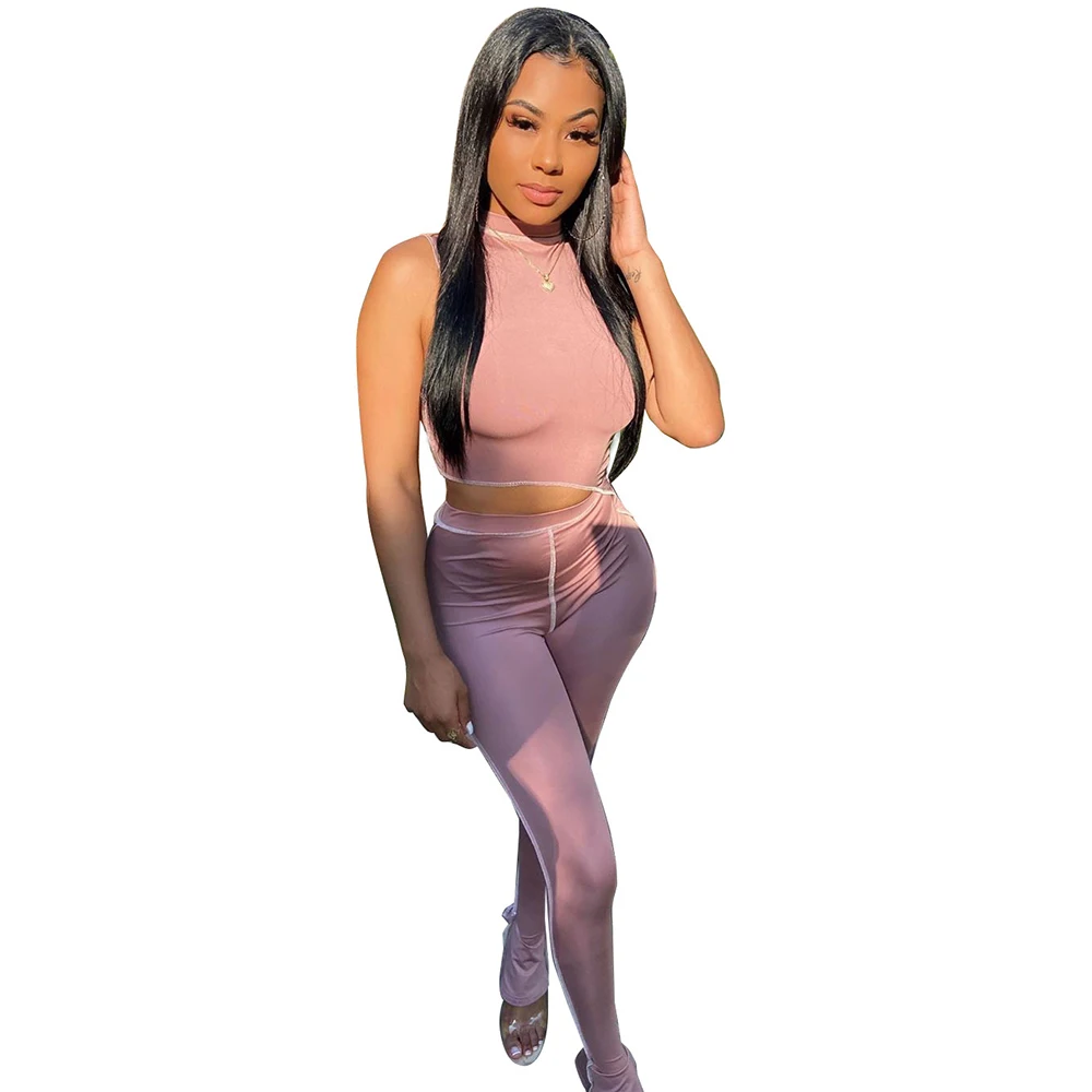 

O-neck Bandage Sleeveless Striped Crop Top Sporty Long Legging Casual Matching Set Stretchy Skinny Slim Streetwear Two Piece Set