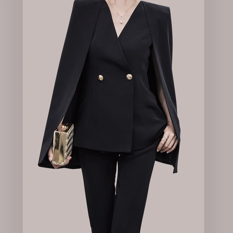 Runway Women Pants Suit Elegant Fall Winter Shawl Cloak V Neck Batwing Sleeve Blazers 2PCS Set And Office OL Pecnil Pants Set