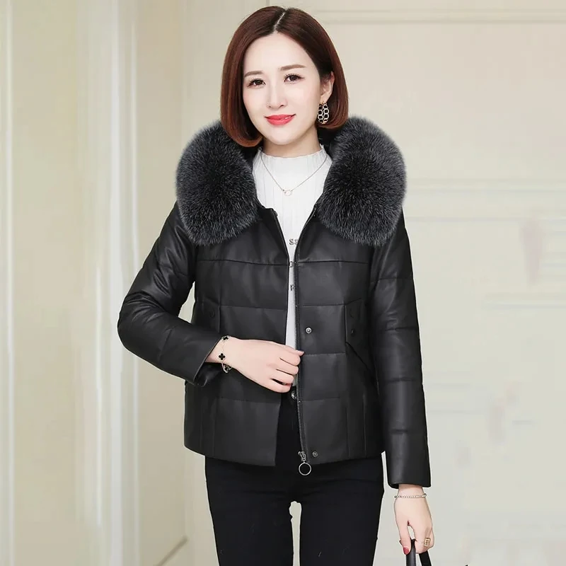 Women's PU Leather Down Cotton Jacket 2022 New Imitation Sheep Leather Jacket Short Loose Korean High-Waisted Faux Fur Jackets