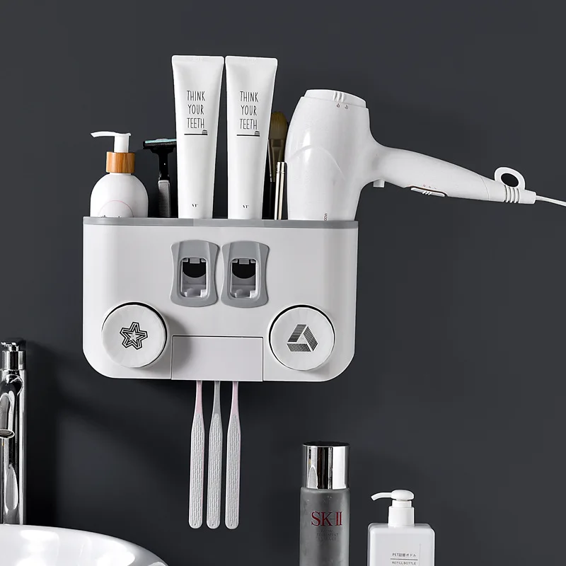 

Automatic Toothpaste Dispenser Dust-proof Toothbrush Holder Case with 4 Cups No Nail Wall Stand Shelf Bathroom Accessories Sets
