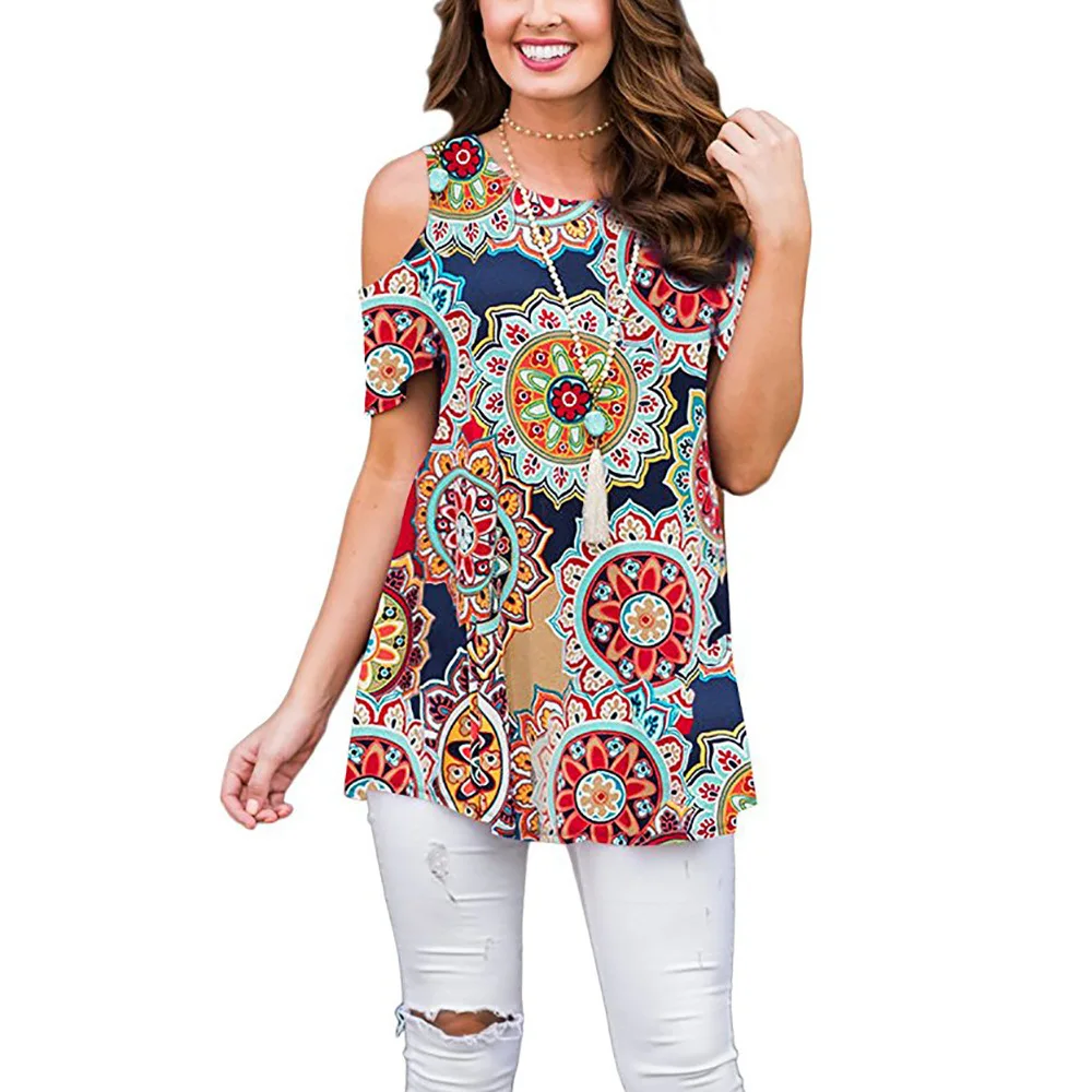 Женские шифоновые блузки топы с открытыми плечами короткий рукав цветочный