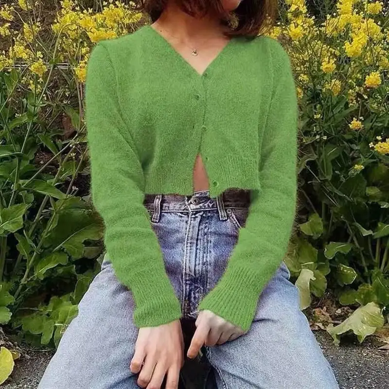 Осенне-зимний вязаный короткий свитер Harajuku Одноцветный однобортный Укороченный