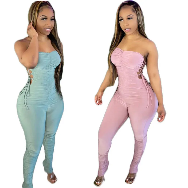 

KEXU Breast Wrap Jumpsuits Sleeveless Off Shoulder Cross Lace Up Bandage Sexy Open Back Backage Hip Skinny Casual Party Clubwear