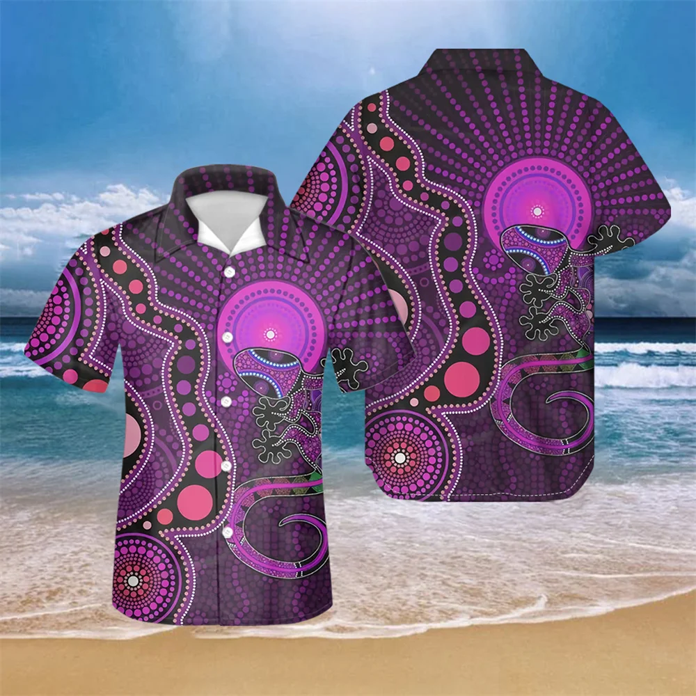 

Guayabera кубинские рубашки для мужчин Австралийский аборигенный принт Фиолетовый Мужская рубашка с отложным воротником с коротким рукавом Гавайская рубашка Топы 7XL