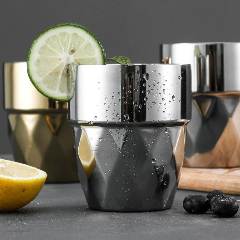 

4/6PCS Stainless Steel Diamond Mug Table Home Office Wine Beer Drinking Coffee TeaInsulation Anti-scalding Cups With Cup Holder