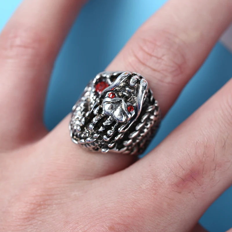 Готическое мужское кольцо в стиле панк античное с драконом хип хоп красные