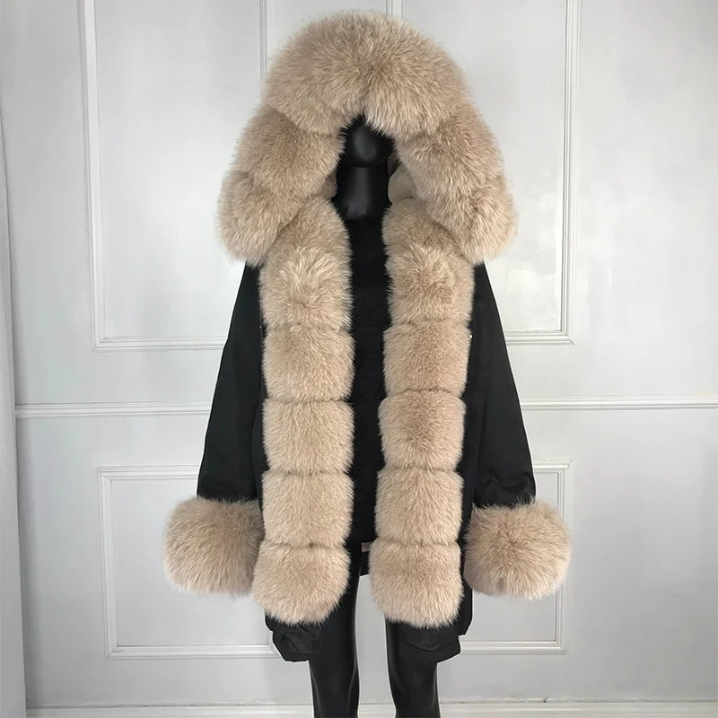 Новые чернобурки меховой парка пальто женские трикотажные silver fox меховой подкладке парки Черный зимой толстые Настоящее пальто с мехом теплые женские верхняя одежда - Цвет: 1