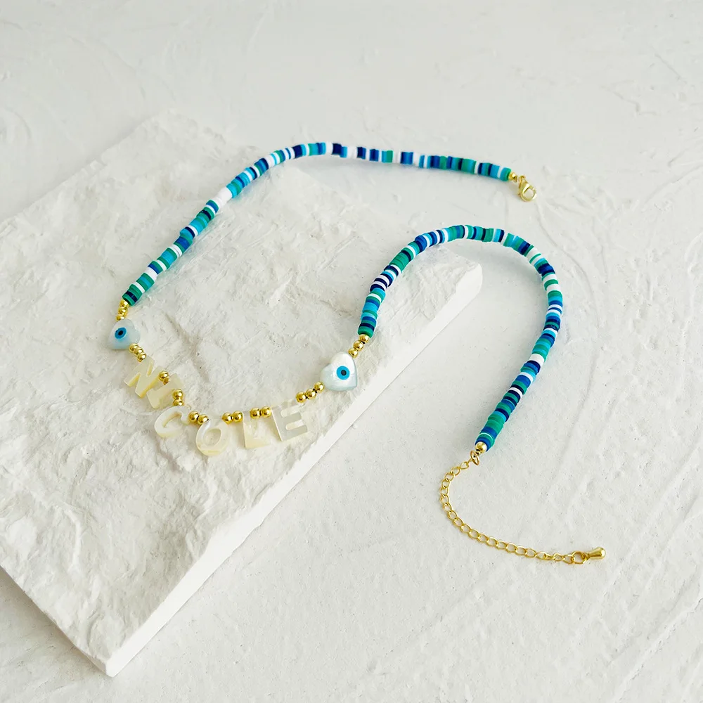 

New Style Bohemian Natural Shell Initial Necklace Women For Women Colorful Clay Clavicle Necklace Women Letter Pendant Choker