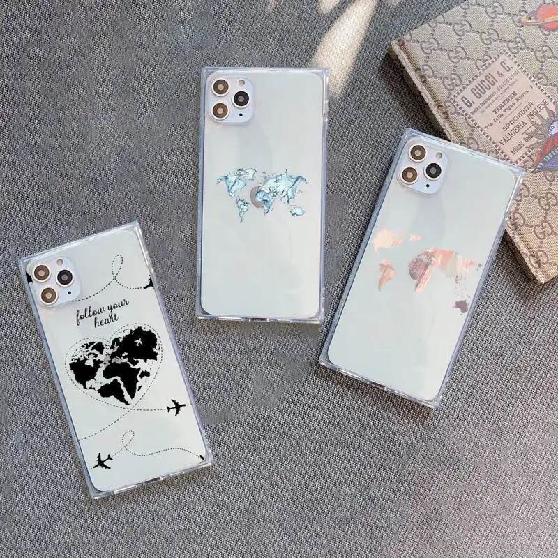 

World Map Travel creative art Phone Case For iPhone 7 8 11 12 X XS XR MINI Pro Max Plus Clear Square Transparent