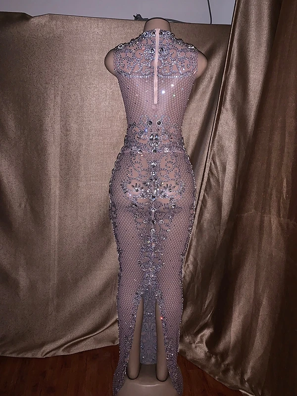 

Women Summer Dress Rhinestone Sequins High Quality Stretch Tight Dress Banquet Birthday Celebrate Dance Singer Costume