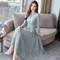 sexy lace dress spring autumn new mid length temperament slim real shot long sleeved clothing blue black plus szie