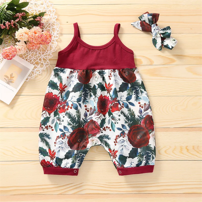 

Breathable Baby Girls Outfit Infant Summer Creative Floral Printing Splicing Sleeveless Suspender Jumpsuit + Bow Headwear Set