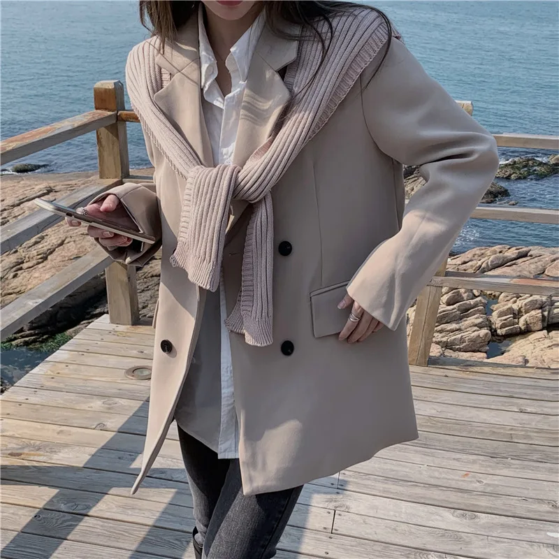 

Винтажный двубортный Женский блейзер, весна 2021, свободный Женский костюм с английским воротником, куртки, женская повседневная верхняя оде...