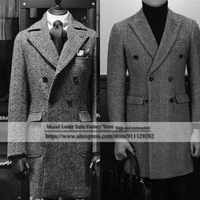 winter custom made formal mens suits blazer for wedding long overcoat grey herringbone peak lapel male last coat design 2021