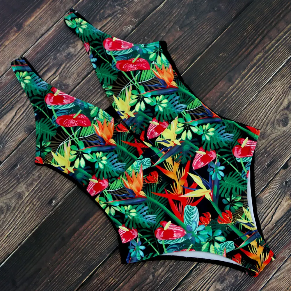 2020 Цельный купальник с цветочным принтом женский сексуальный высокой посадкой