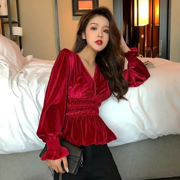 

Lady V-neck Sweet Loose Shirt Tops Women Spring Autumn New Fashion Long Sleeve Slim Solid Color Korean Clothing Blouse N968