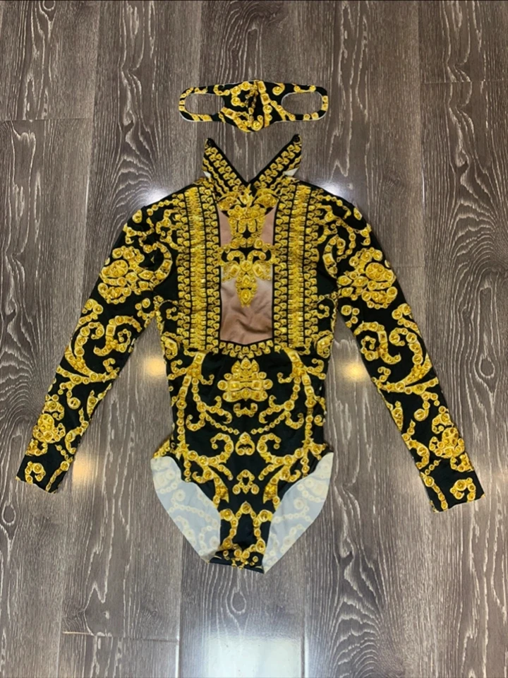 

Vintage Gold Rhinestones Bodysuit For Singer Dancer Stage Performance Clothes Long Sleeve Stretch Leotard Nightclub DS Costume