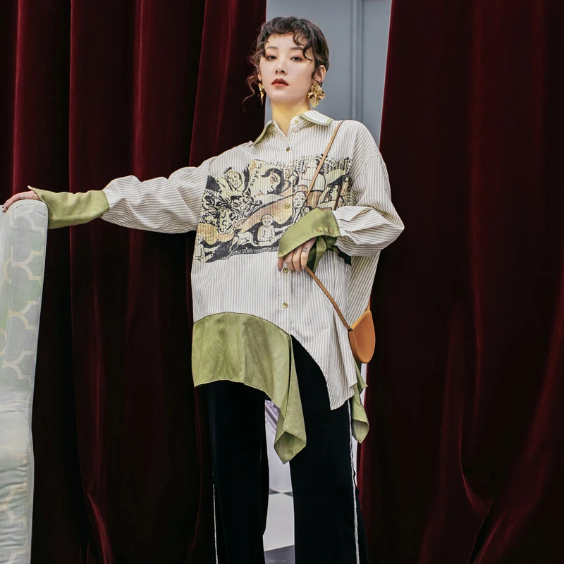 Женская асимметричная рубашка LANMREM повседневная контрастных цветов с длинными