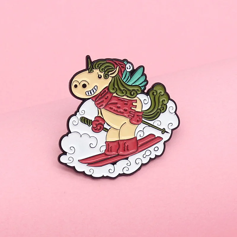 

MIX DESIGNS Cartoon cute unicorn free skiing show creative alloy brooch fashion animal badge jewelry WHOLESALE