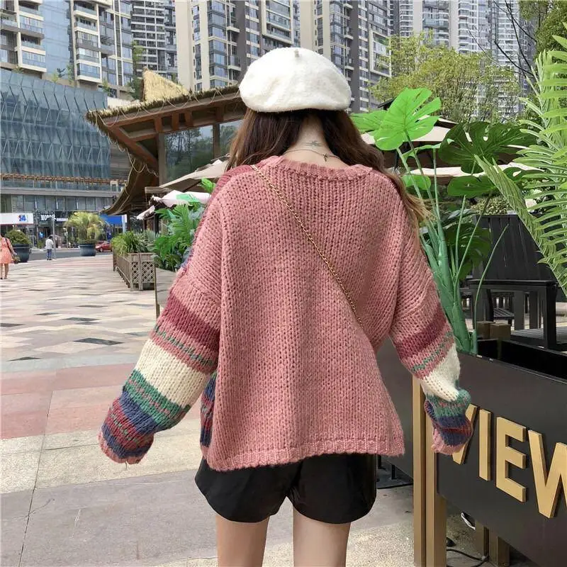 

2020 Autumn Winter Women Long Sleeve Knit Sweaters Female Korean Rainbow Striped Patchwork Loose Jumper O-neck Pullover Tops Z02