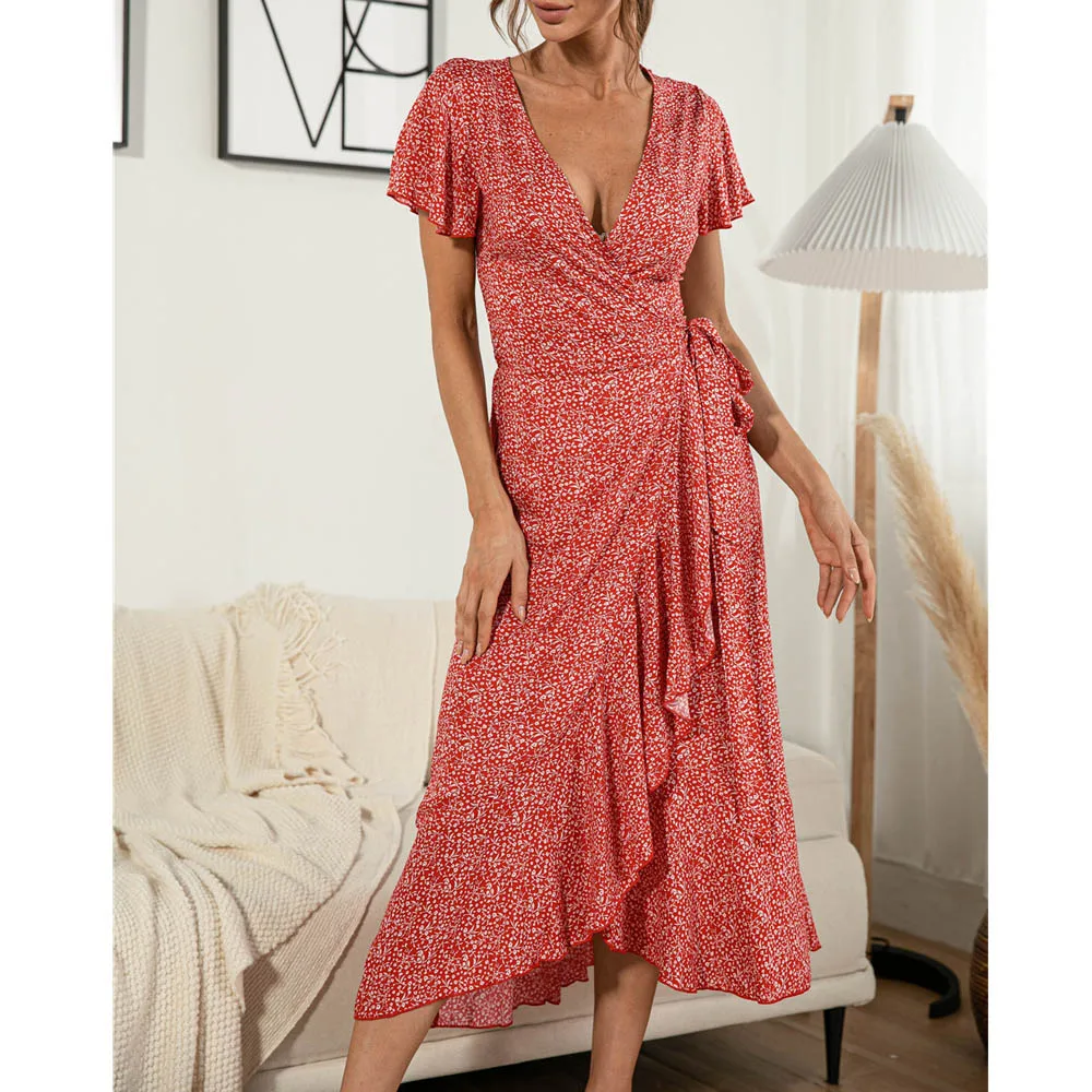 

Red Boho Floral Print Elegant Midi Dress Women Split Ruffles Summer V Neck Bandage Holiday Beach Plus Size Short Sleeve Dresses