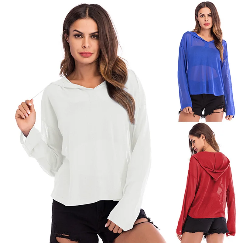 Женский однотонный тонкий свитер с капюшоном и длинным рукавом | Женская одежда