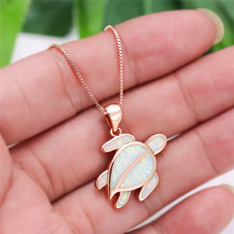 

Cute Female White Opal Pendant Necklace Minimalist Rose Gold Chain Necklaces For Women Wedding Boho Small Turtle Animal Necklace