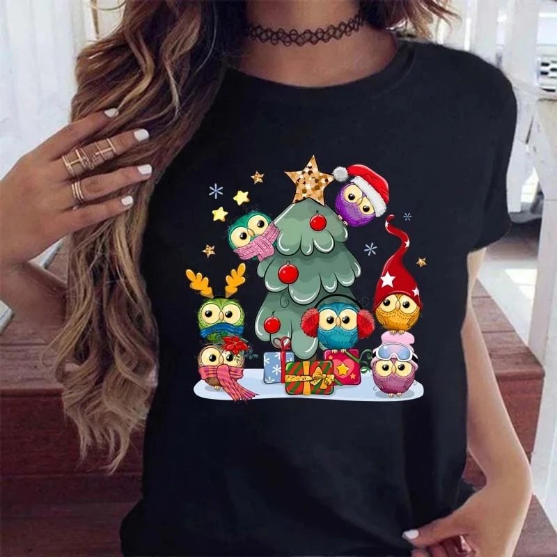 

Новые женские футболки с мультяшным рисунком для Счастливого праздника на Новый год и Рождество женские черные свободные футболки с милым ...