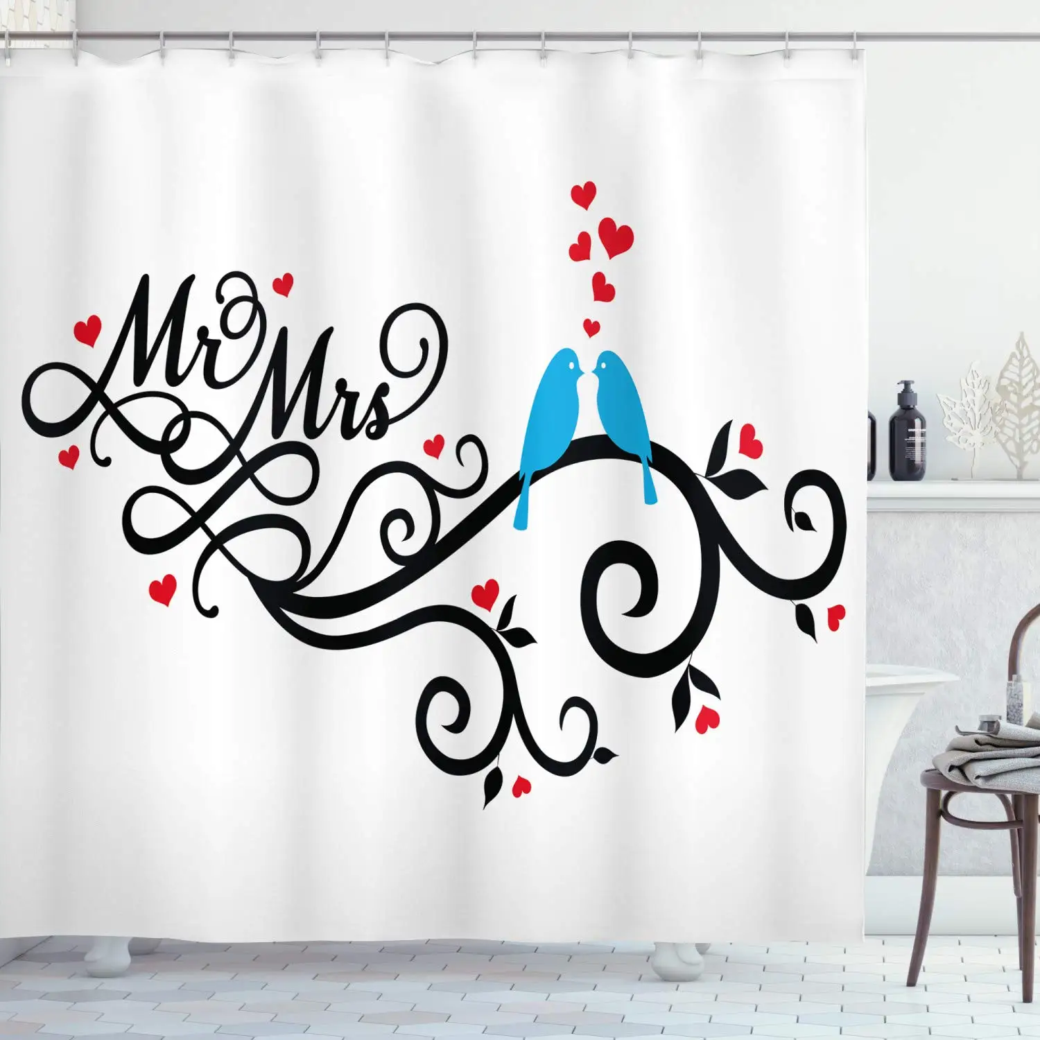 

Wedding Shower Curtain Mr. and Mrs. Swirled Branches with Red Hearts and 2 Love Birds Happiness Cloth Bathroom Decor Set