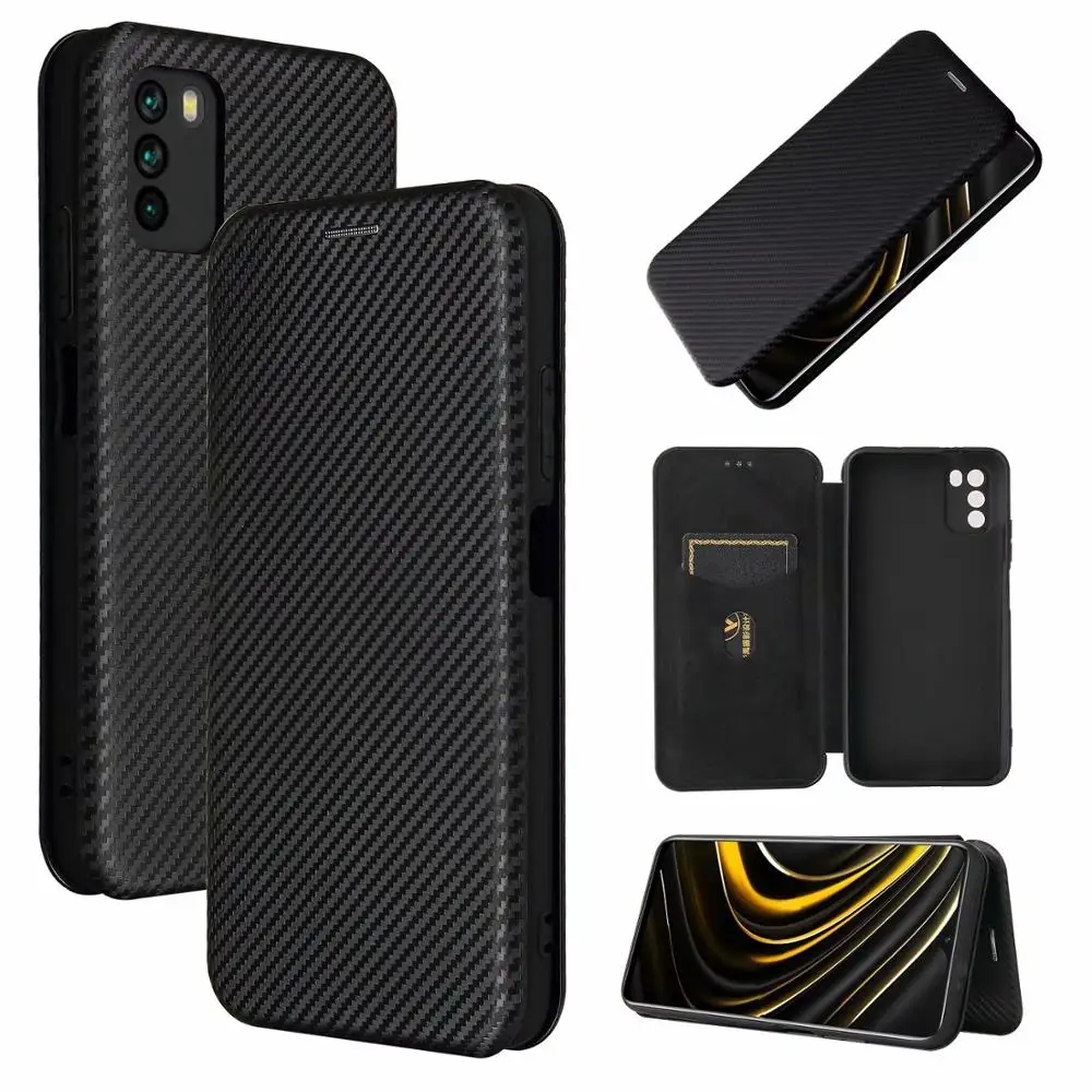 2021 carbon fiber for xiaomi poco m3 pro flip case magnetic book stand card wallet leather protective cover free global shipping