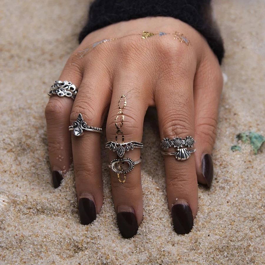 

16 Pcs/set Women Bohemian Vintage Crown Wave Flower Heart Leaf Crystal Opal Joint Ring Party Color Ring Set fashion Jewelry