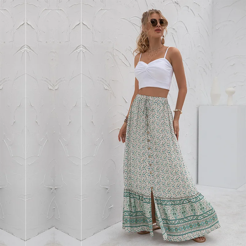 

2021 Summer Floral Print Chiffon Skirt Slit High Waist Buttons Skirts Bohemian Long Skirts Korean Fashion Women's Clothing