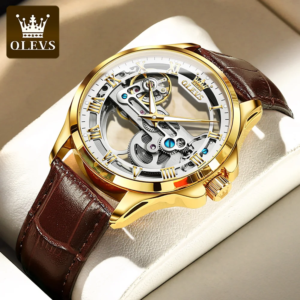

OLEVS Transparent Men's Wirst Watch Automatic Mechanical Skeleton Watches Stainless Steel Leather Strap Fashion Montre Homme