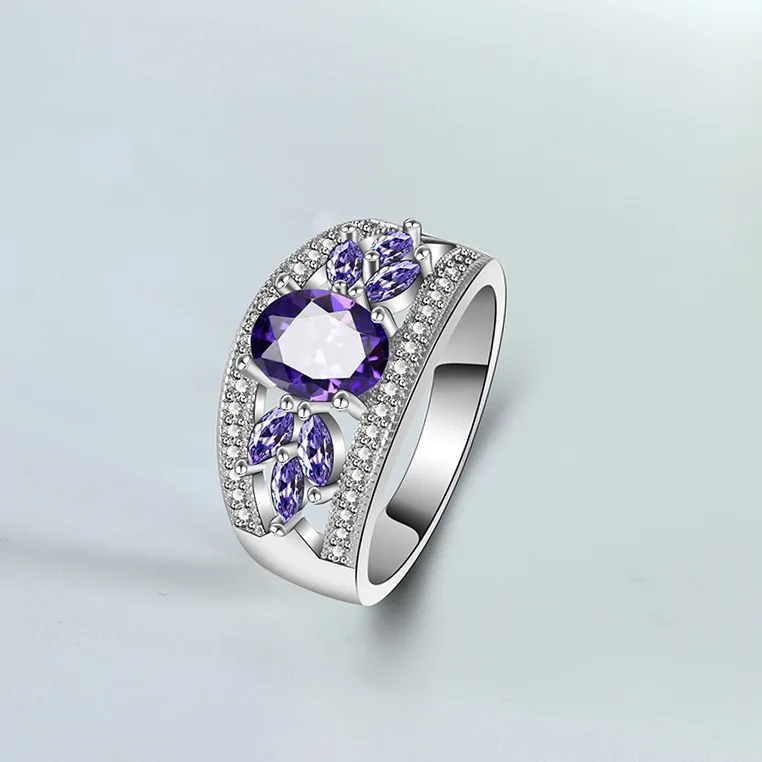 

Fashion Luxury Women's Ring Silver Plated Flower Shaped Purple Crystal Wedding Ring Engagement Jewelry for Girls Birthday Gift