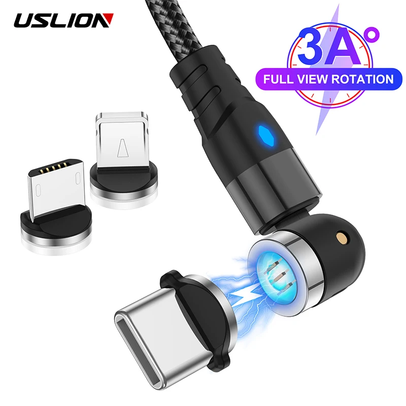 USLION 540 Rotate Magnetic Cable usb 3A Fast Charging Type C Magnet Charge Micro For iPhone 11 Pro 7 Samsung Xiaomi USB C Cable