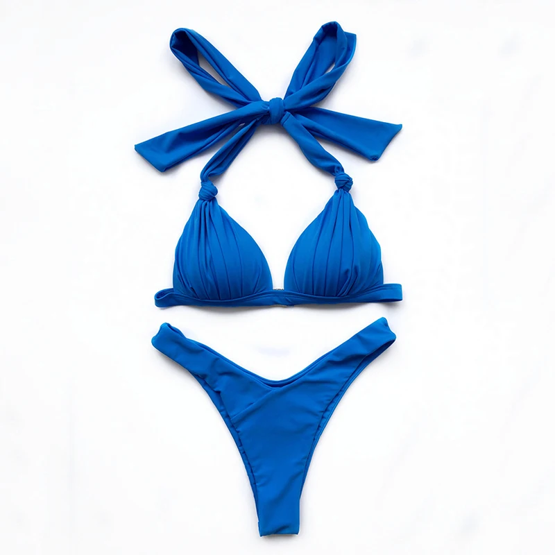 

Fors High cut swimsuit Halter push up bikini set mujer Knot swimwear women Triangle deep V bathing suit Solid blue swimming suit