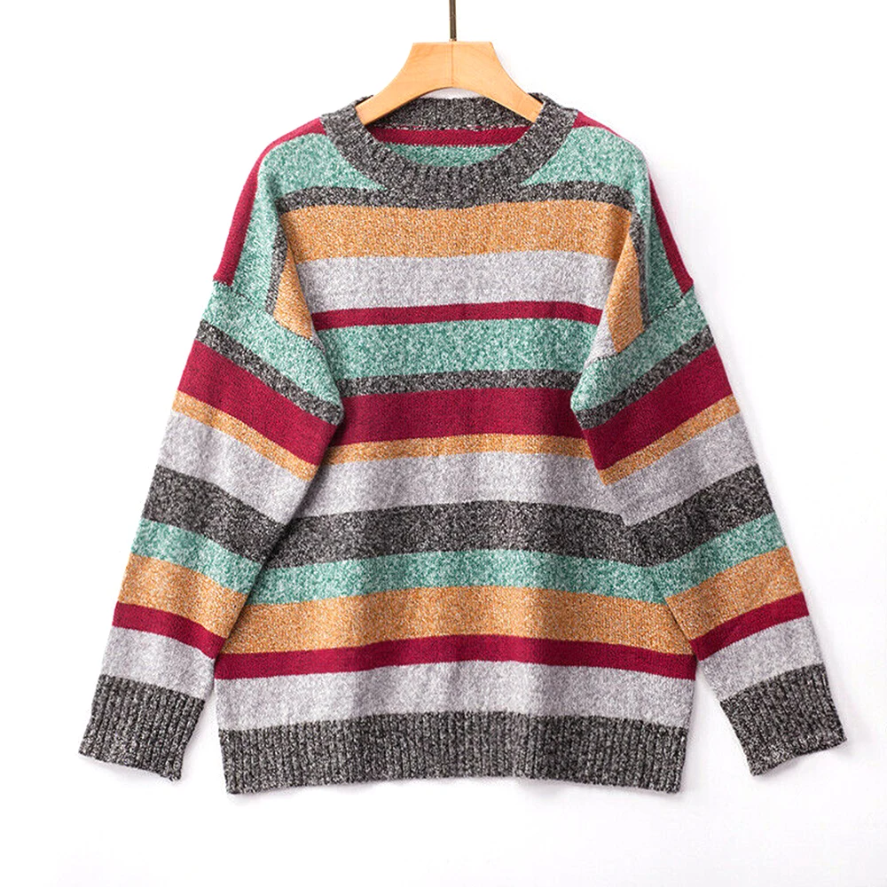 

Women Stripe Knit Jumper Pull O-neck Autumn Winter Soft Warm Stretch Thick Female Sweater