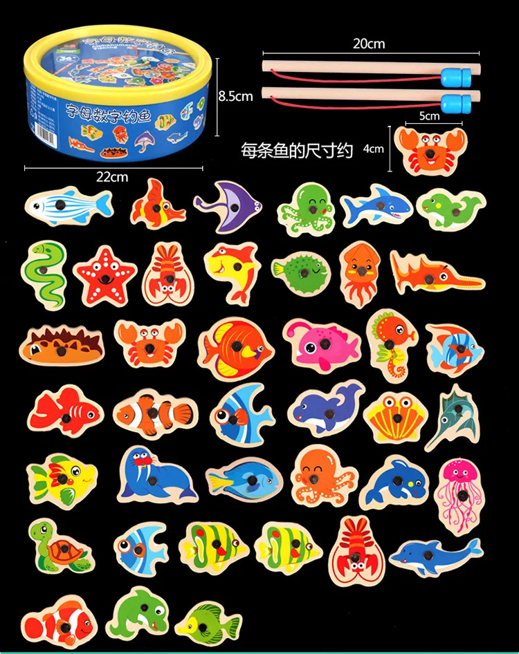 

41pcs Fish Wooden Fishing Toy Magnetic Baby Digital Alphabet Educational Toys for Children Puzzle Game Outdoor Play Set