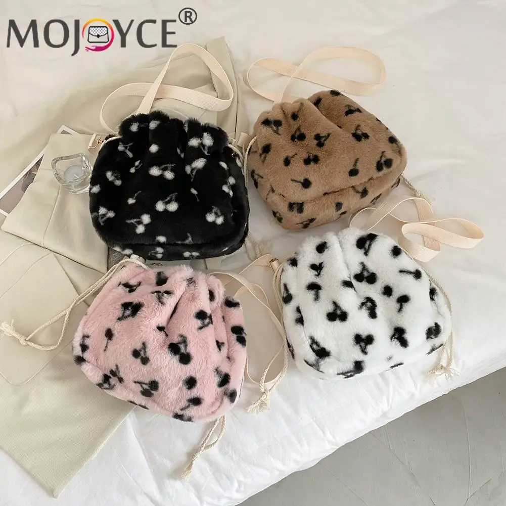 

Fashion Cute Cherry Printing Shoulder Crossbody Bag Women Casual All-match Autumn Winter Soft Plush Drawstring Handbags