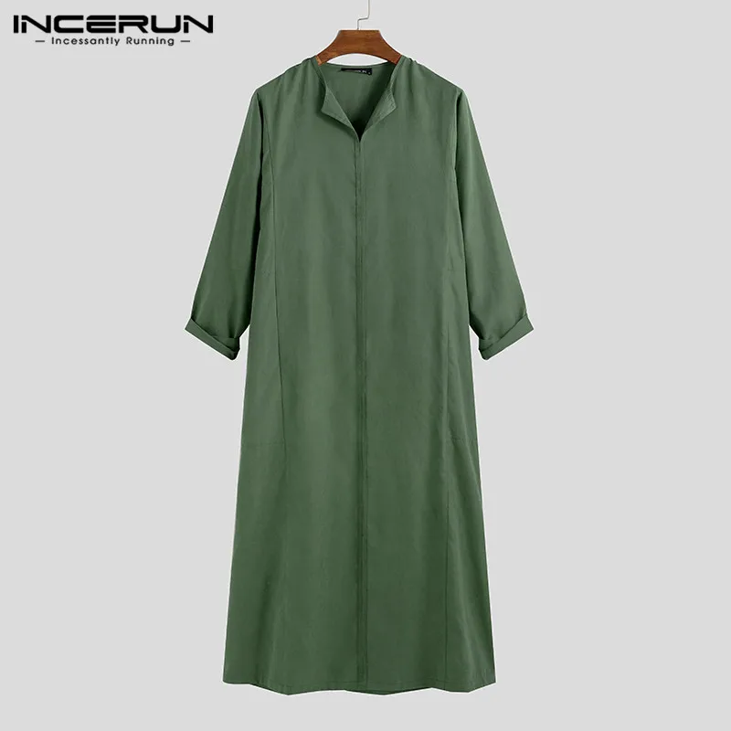 Army Green Jubba tobe мужские однотонные мусульманский, Арабский исламский кафтан с длинным рукавом V шеи халаты Дубай Ближний Восток абайя мужская одежда INCERUN - Цвет: Army Green
