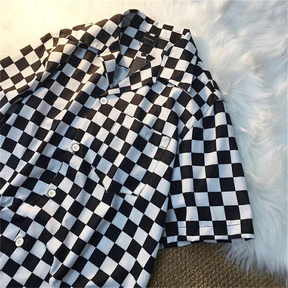 

Japanese Checked Shirt Short Sleeves Fashion Casual Slim Fit Shirt Vintage Harajuku Oversized Shirt Basic Blouse Casual Tshirt