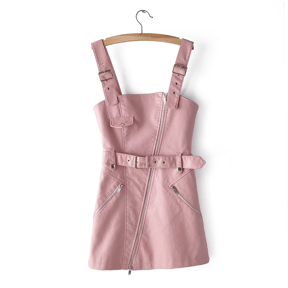SHEL6 Pink Женское платье из искусственной кожи; мини-платье; сезон весна-осень; ремень на молнии с карманом; 5 цветов; Прямая - Цвет: SHEL6 Pink