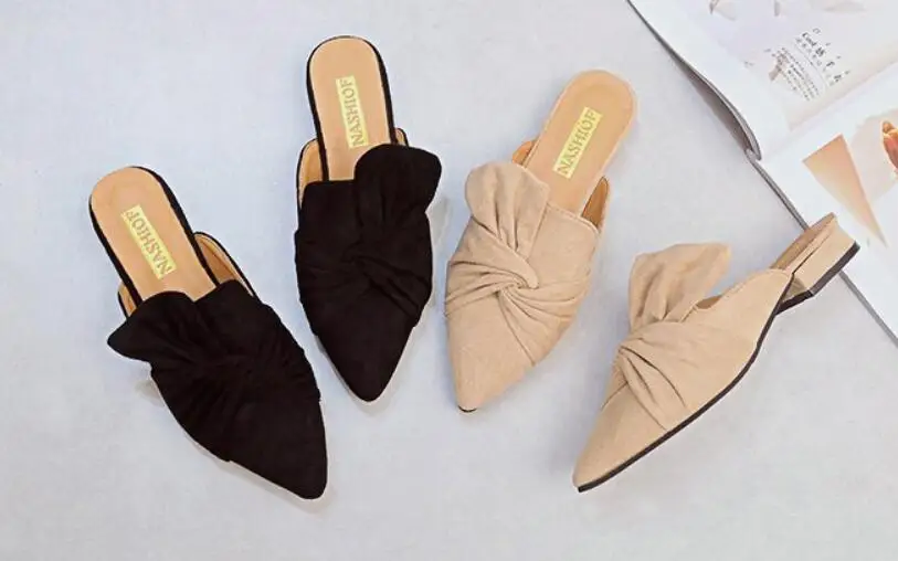 Женские тапочки s обувь из флока Женская с бантом Туфли без задника модная Обувь