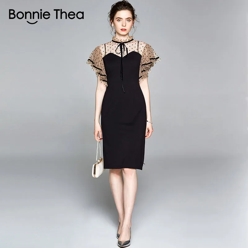 

bonnie thea Women Summer black sexy elegant Sheath dress Femme Slim flounced edge Dots dress Evening party lady dresses Vestidos