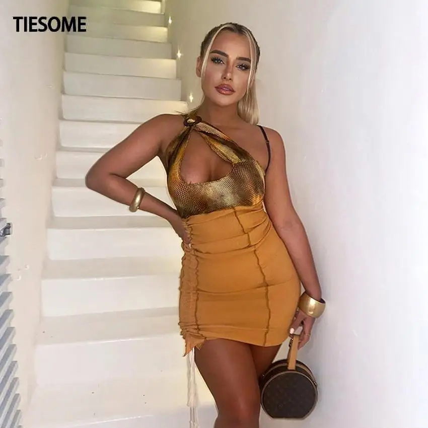 

TIESOME Drawstring Patchwork Design Elegant Sling Dresses for Women Sexy Hollow Bodycon Mini Dresses Leisure Vacation Wear Mujer