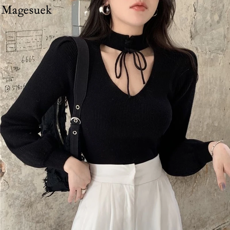 

Autumn Lantern Long Sleeve Knitted Sweater Sexy V-neck Hollow Out Lace-up Solid Color Tops Fashion Pullover Women Sweater 18077