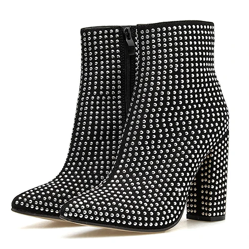 black shoes Gdgydh/ г. Осенние женские ботильоны больших размеров черные женские шорты с заклепками и острым носком женская обувь на толстом каблуке - Цвет: black shoes